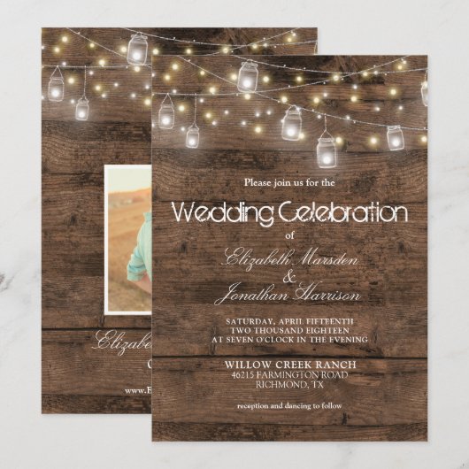 Rustic Mason Jars String Lights Photo Wedding Kaart (Voorkant / Achterkant)