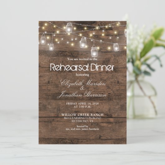 Rustic Mason Jars String Lights Rehearsal Dinner Kaart (Staand voorkant)