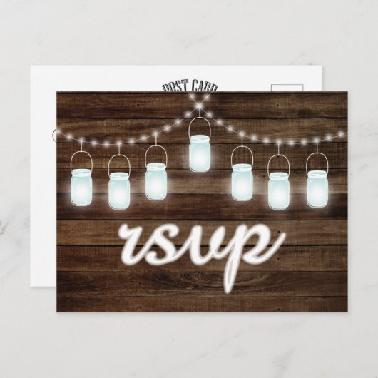 Rustic Mason Jars String Lights RSVP Uitnodiging Briefkaart (Voorkant / Achterkant)