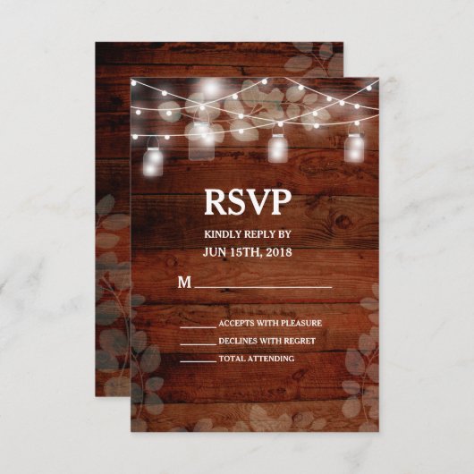 Rustic Mason Jars String Lights Wedding RSVP Card (Voorkant / Achterkant)