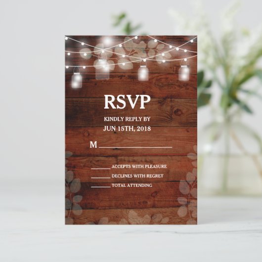 Rustic Mason Jars String Lights Wedding RSVP Card Kaartje (Staand voorkant)