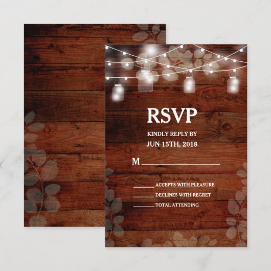 Rustic Mason Jars String Lights Wedding RSVP Card Kaartje (Voorkant / Achterkant)