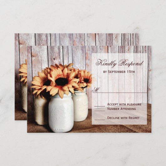 Rustic Mason Jars Sunflower Wedding RSVP-kaarten RSVP Kaartje (Voorkant / Achterkant)