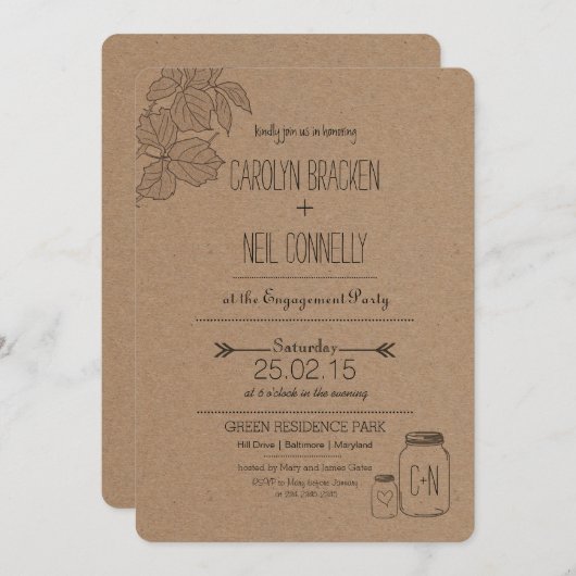 Rustic Masonjar | Bladeren | Heart Engagement Part Kaart (Voorkant / Achterkant)