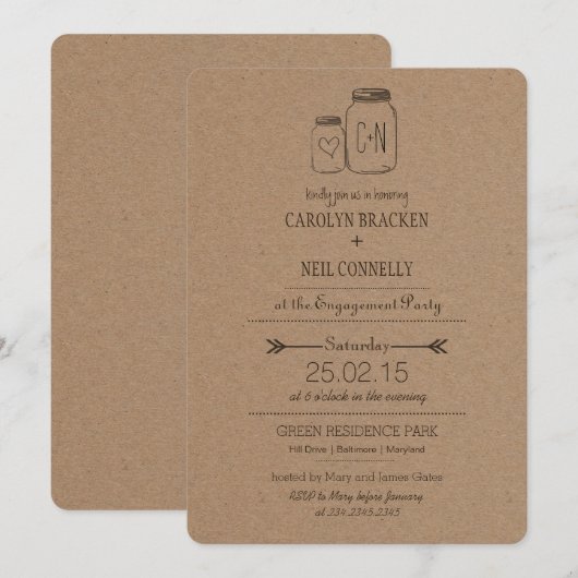 Rustic Masonjar Monogram Heart Engagement Party Kaart (Voorkant / Achterkant)