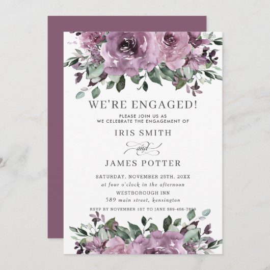 Rustic Mauve Paars Plum Floral Engagement Party Kaart (Voorkant / Achterkant)