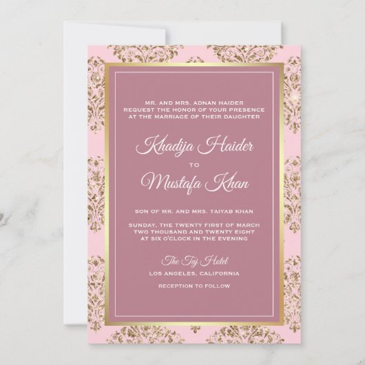 Rustic Mauve Pink Gold Damask Moslim Weddenschap Kaart (Achterkant)