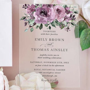 Rustic Mauve Plum Paarse Floral Greenery Wedding Acryl Uitnodigingen