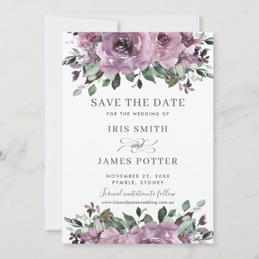 Rustic Mauve Plum Paarse Floral Greenery Wedding Save The Date (Voorkant)