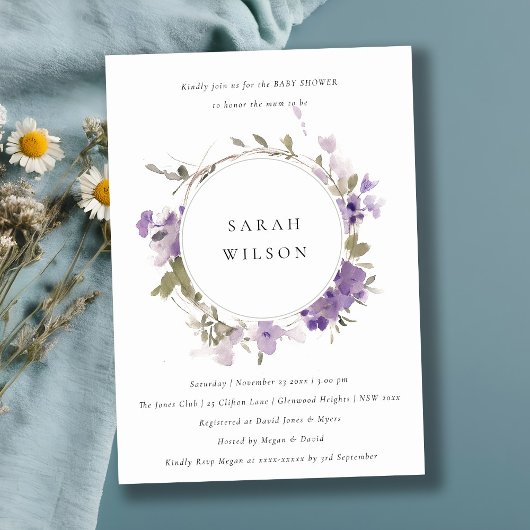 Rustic Meadow Lila Bloemenkrans Baby shower Kaart