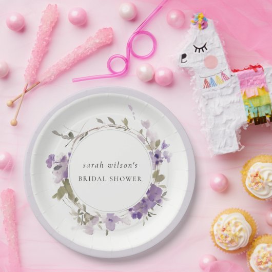 Rustic Meadow Lila Bloemenkrans Vrijgezellenfeest Papieren Bordje (Feest)