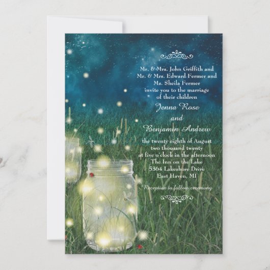 Rustic Meadow Night Mason Jar Firefly Wedding Kaart (Voorkant)