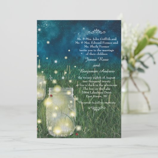 Rustic Meadow Night Mason Jar Firefly Wedding Kaart (Staand voorkant)