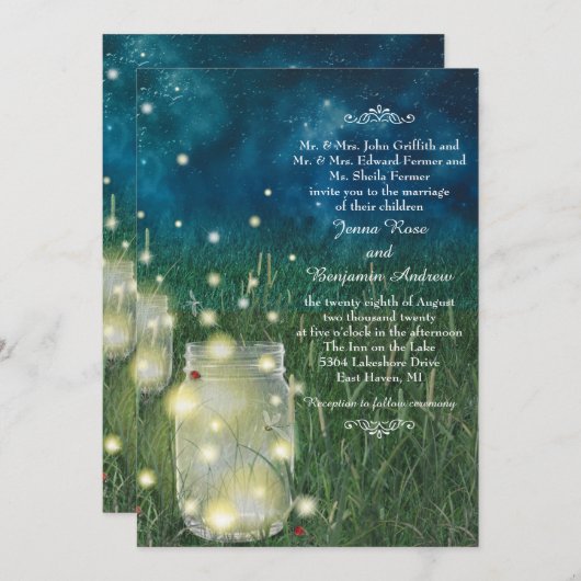Rustic Meadow Night Mason Jar Firefly Wedding Kaart (Voorkant / Achterkant)