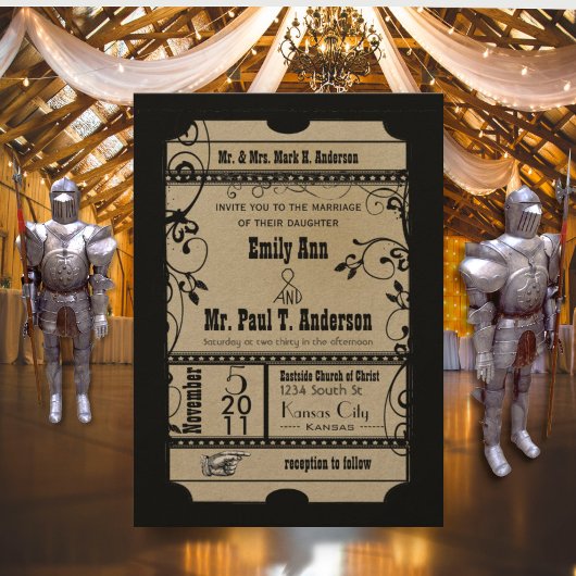 Rustic Medieval Renaissance Ticket Wedding Kaart