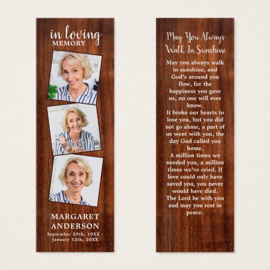 Rustic Memorial 3 Foto Funeral Poem Bladwijzer Mini Visitekaartjes (Voorkant /achterkant)