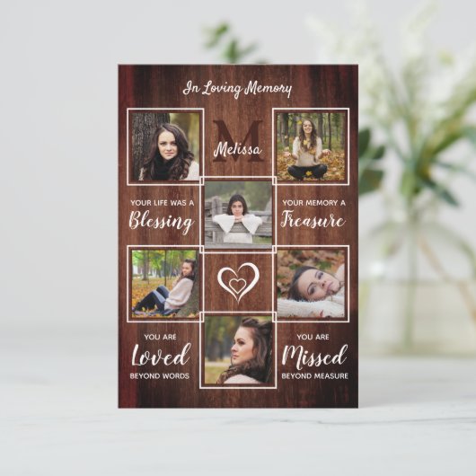 Rustic Memorial 6 Foto Collage Funeral Sympathie Bedankkaart (Staand voorkant)
