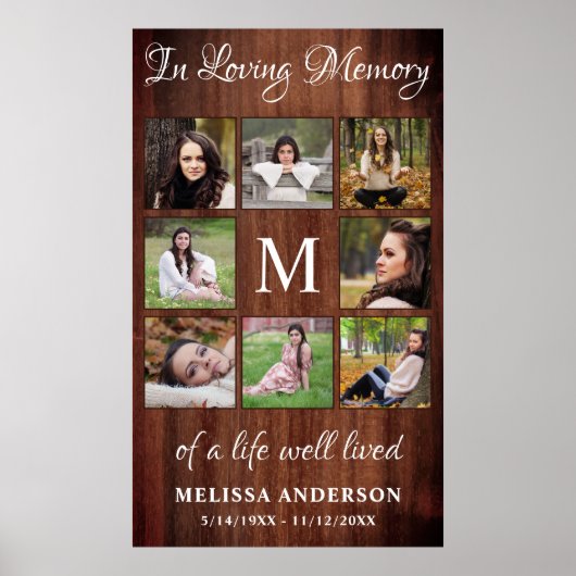 Rustic Memorial 8 Photo Collage Funeral Poster (Voorkant)