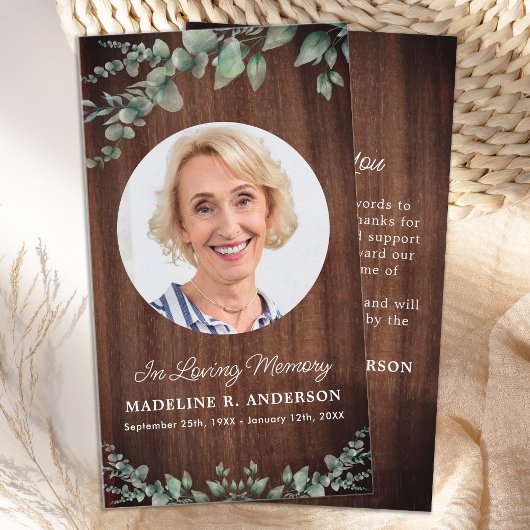 Rustic Memorial Eucalyptus Foto Funeral Hartelijk Notitiekaartje