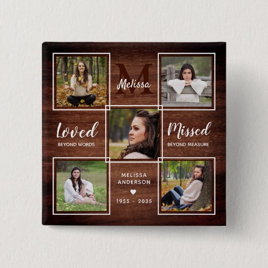 Rustic Memorial Herdenking Foto Collage Funeral Vierkante Button 5,1 Cm (Voorkant)