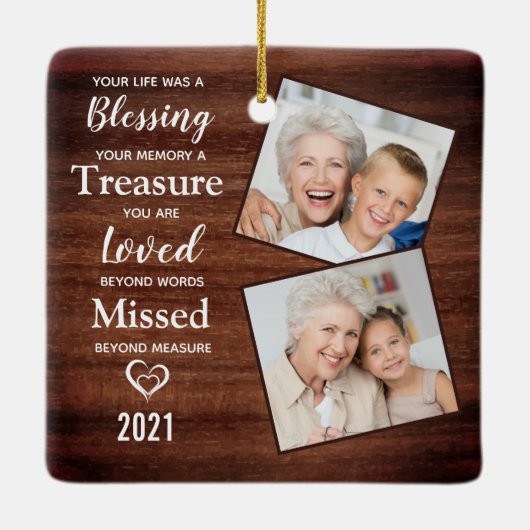 Rustic Memorial Keepomwille Family Photo Herdenkin Keramisch Ornament (Achterkant)