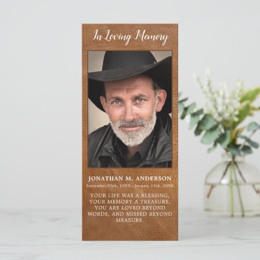 Rustic Memorial Photo Leather Funeral Prayer Kaart (Staand voorkant)