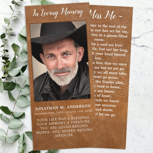 Rustic Memorial Photo Leather Funeral Prayer Kaart
