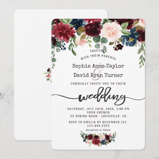 Rustic Merlot Navy Blue Floral Handwriting Wedding Kaart (Voorkant / Achterkant)