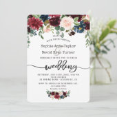 Rustic Merlot Navy Blue Floral Handwriting Wedding Kaart (Staand voorkant)