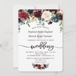 Rustic Merlot Navy Blue Floral Handwriting Wedding Kaart