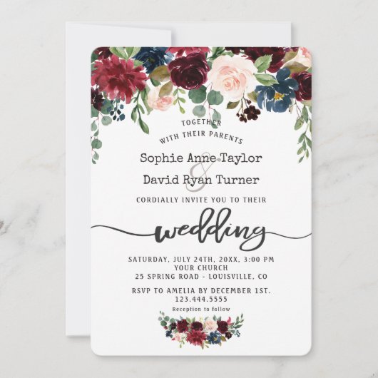 Rustic Merlot Navy Blue Floral Handwriting Wedding Kaart (Voorkant)