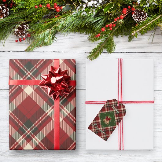 Rustic Merry Christmas Bell Red Green Gingham Cadeaulabel