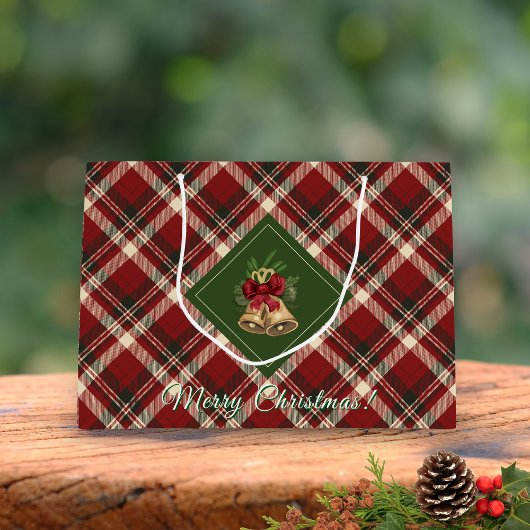 Rustic Merry Christmas Bell Red Green Gingham Groot Cadeauzakje