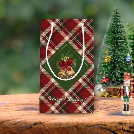 Rustic Merry Christmas Bell Red Green Gingham Klein Cadeauzakje