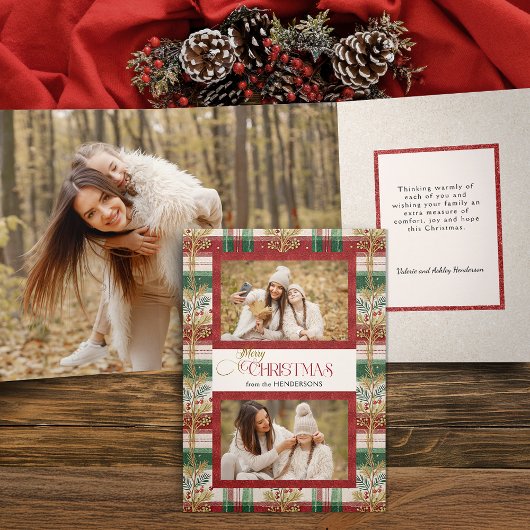Rustic Merry Christmas Botanical Plaid 2 Foto Drieluik Kaart