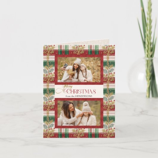 Rustic Merry Christmas Botanical Plaid 2 Foto Feestdagen Kaart (Voorkant)