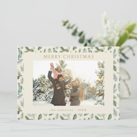 Rustic Merry Christmas Botanische Foto Feestdagenkaart (Staand voorkant)