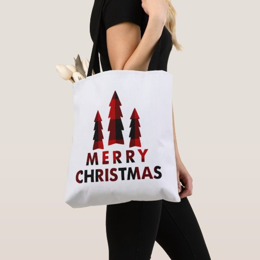 Rustic Merry Christmas Trees Red Buffalo Plaid Tote Bag (Dichtbij)