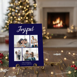 Rustic Merry Four Family Photo Collage Navy Blue Feestdagenkaart