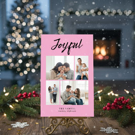 Rustic Merry Four Family Photo Collage Pink Feestdagenkaart