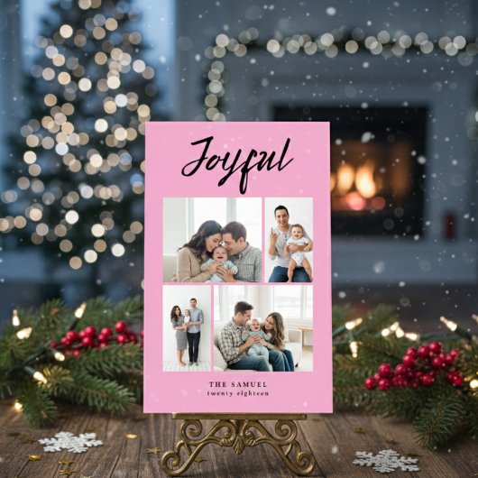 Rustic Merry Four Family Photo Collage Pink Feestdagenkaart