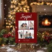 Rustic Merry Four Family Photo Collage Red Feestdagenkaart