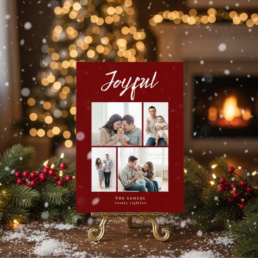 Rustic Merry Four Family Photo Collage Red Feestdagenkaart