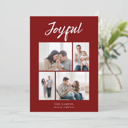 Rustic Merry Four Family Photo Collage Red Feestdagenkaart (Staand voorkant)