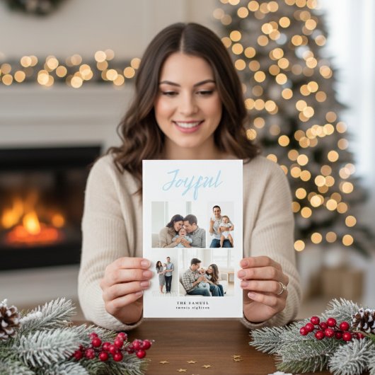 Rustic Merry Four Family Photo Collage White Feestdagenkaart