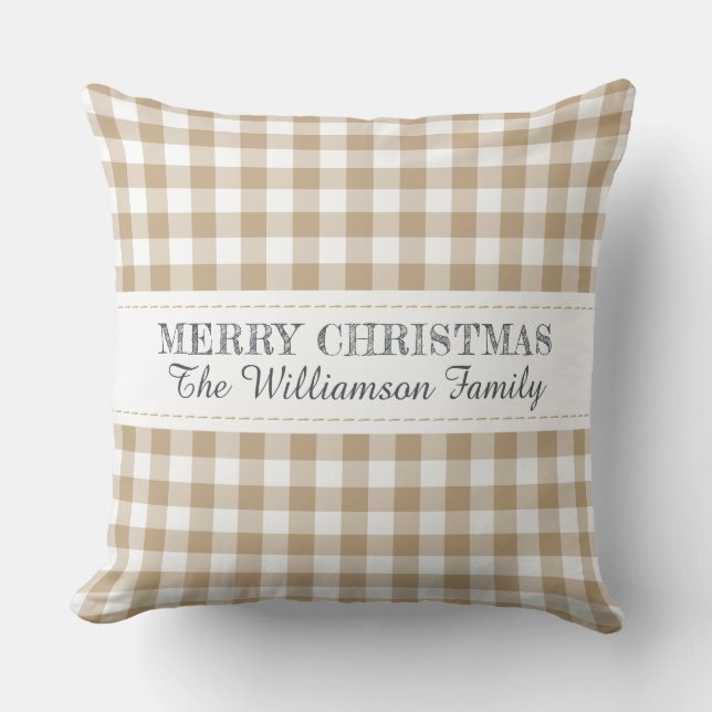 Rustic Merry kerst Gingham Monogram Naam Kussen (Voorkant)