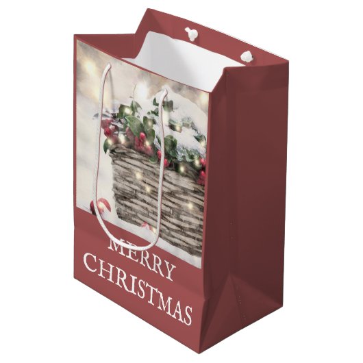 Rustic Merry kerst Holly Berry Basket Medium Cadeauzakje (Voorkant Gekanteld)