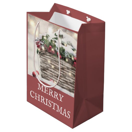 Rustic Merry kerst Holly Berry Basket Medium Cadeauzakje (Achterkant Gekanteld)