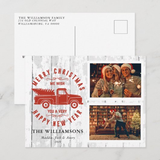 Rustic Merry kerstboom Red Truck Foto Feestdagenkaart (Voorkant / Achterkant)