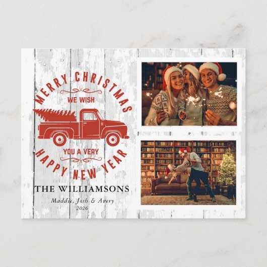 Rustic Merry kerstboom Red Truck Foto Feestdagenkaart (Voorkant)